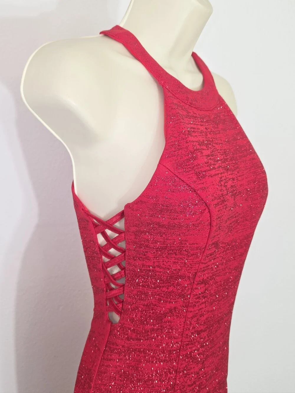 Honey and Rosie Dress Shimmery Halter Neckline Sleeveless Vibrant Red Size S - Picture 2 of 16